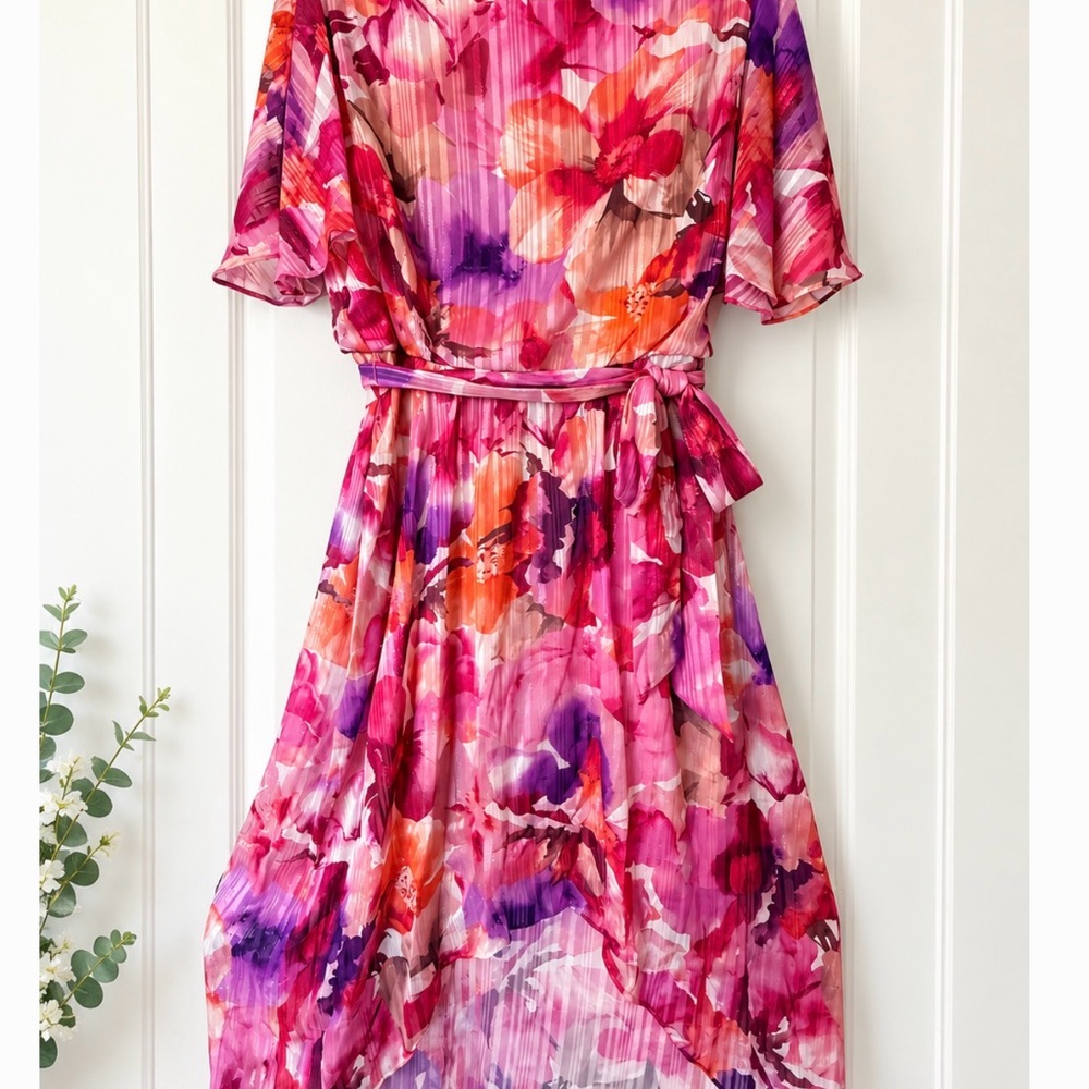 Jessica Howard Pink and Purple Floral Asymmetrical Midi Dress with Belt